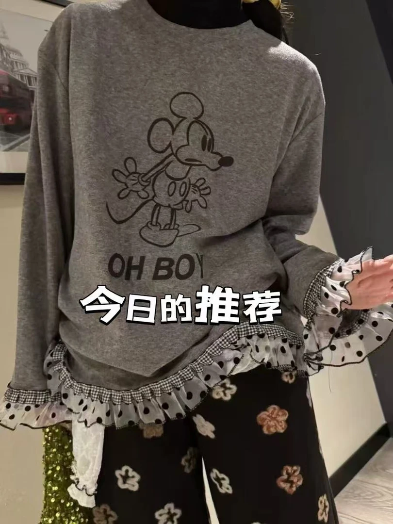 春季微胖洋气卡通印花波点花边长袖T恤宽松休闲显瘦慵懒风25002