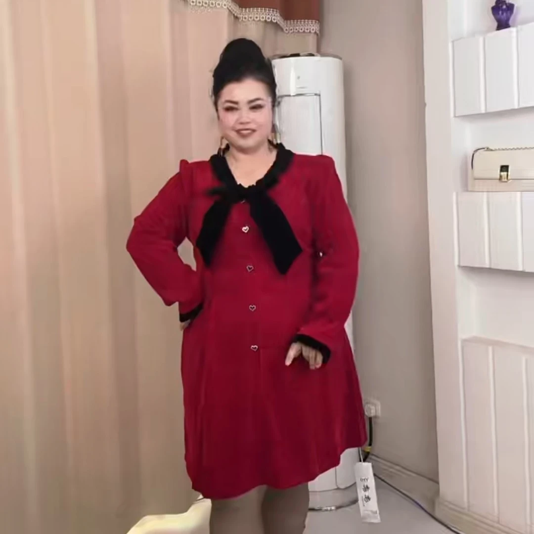 红色法式小香风V领收腰显瘦蝴蝶结A字连衣裙冬季