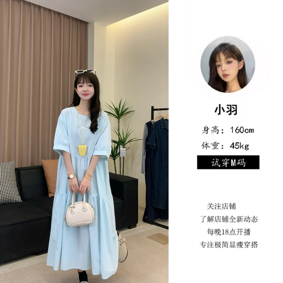 【璟衣服饰】夏季薄款圆领拼接捏褶设计纯色中袖衬衫连衣裙女Z1843