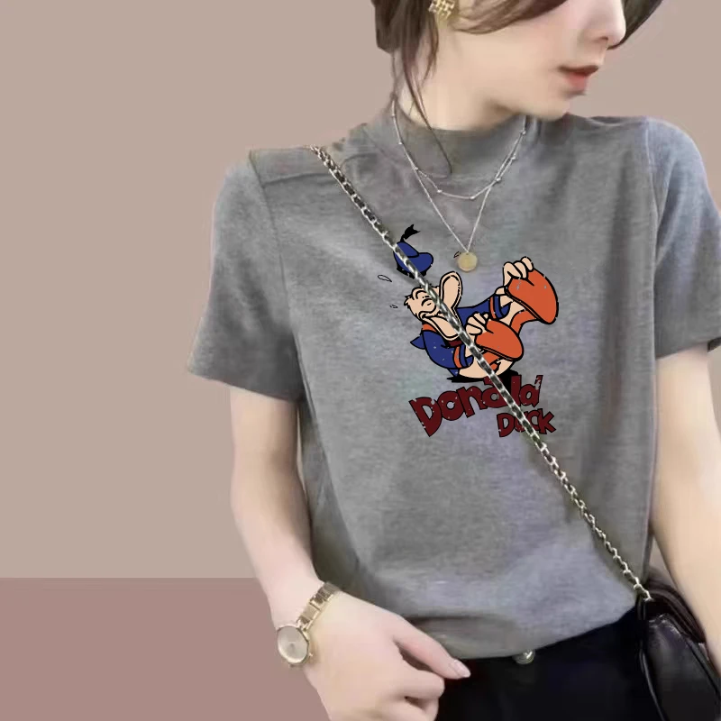 大码胖mm韩版简约半高领短袖T恤女士夏季设计感小众修身显瘦上衣