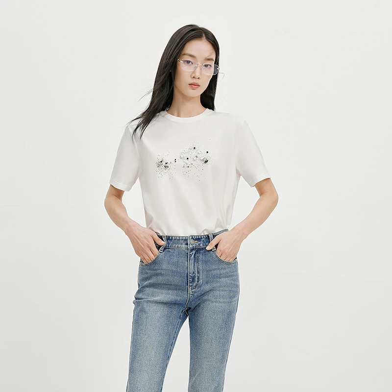 【商场同款】HPLY荷比俪冬女含棉烫钻图案经典圆领T恤HRF41620235