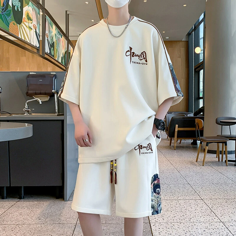 运动休闲套装男中国风冰丝短袖T恤短裤一套宽松潮牌国潮男装套装