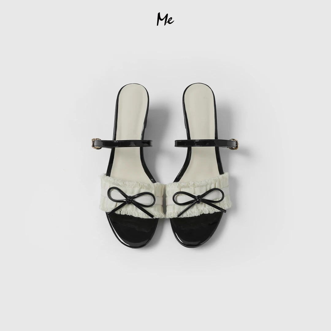 ME【黑白小香蝴蝶结凉拖】奢牌造型重磅TOGO牛皮小高跟凉鞋MESS5463