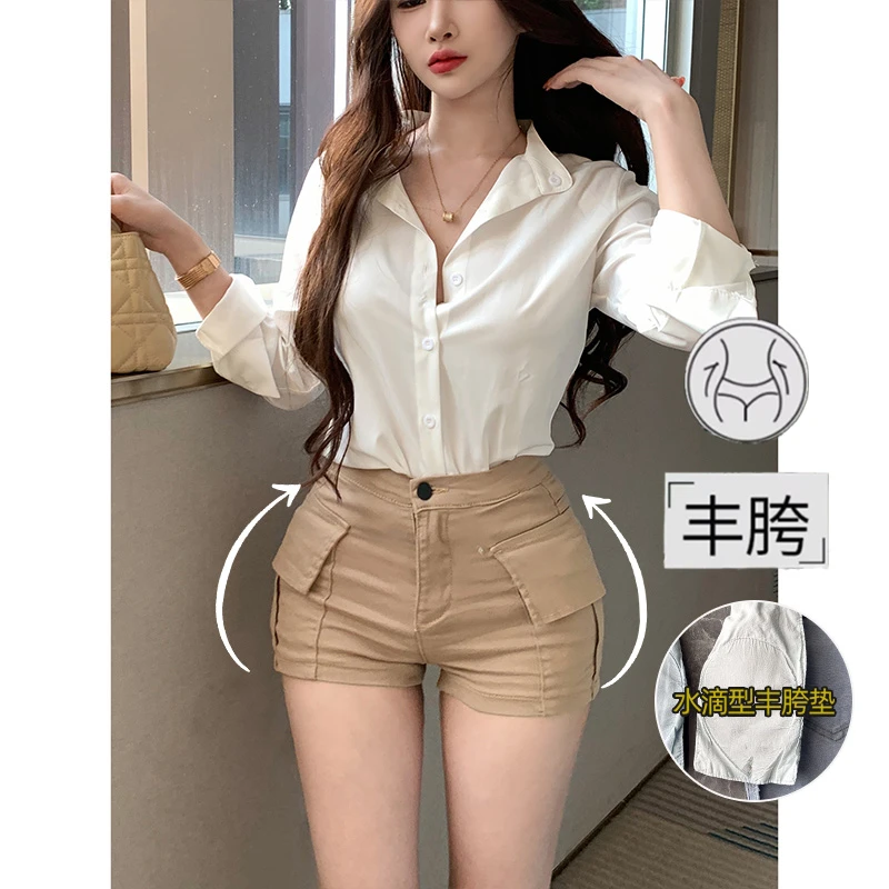 卡其显瘦双口袋丰胯工装短裤女2025夏季薄款高腰紧身包臀牛仔热裤