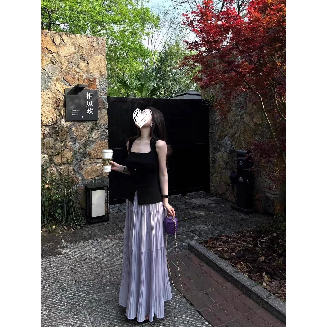 温柔百搭无袖背心减龄气质半身裙套装