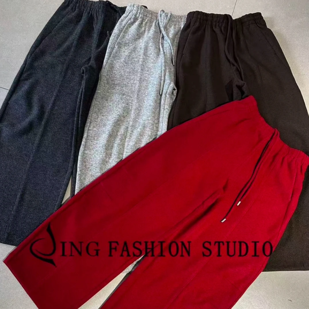 JING2025冬季新款cJ5889抽绳高腰直筒裤宽松休闲长裤拉绒保暖女裤
