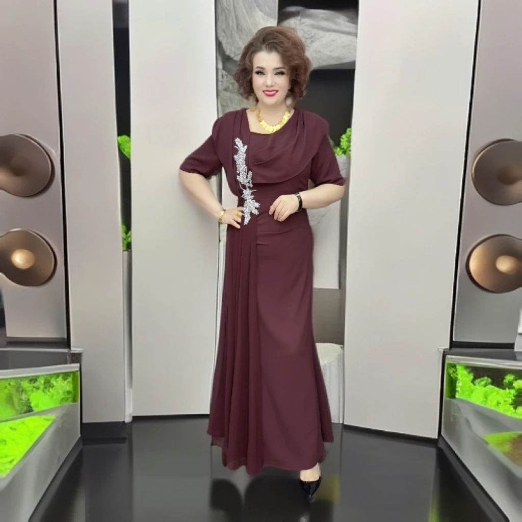 印染显瘦礼服鱼尾裙时尚低腰立领女装长袖镂空轻奢