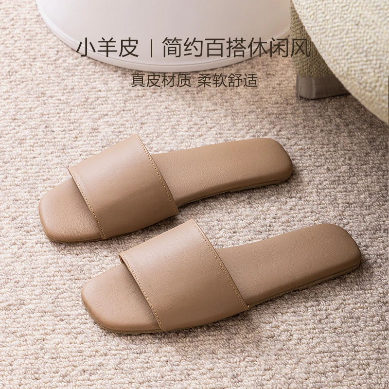 轻奢羊皮拖鞋女夏季情侣居家用卧室内防滑透气真皮软底地板凉拖鞋