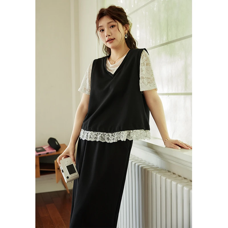 五季家大码【仲夏之梦】夏季气质洋气减龄黑色两件套套装ZL106102