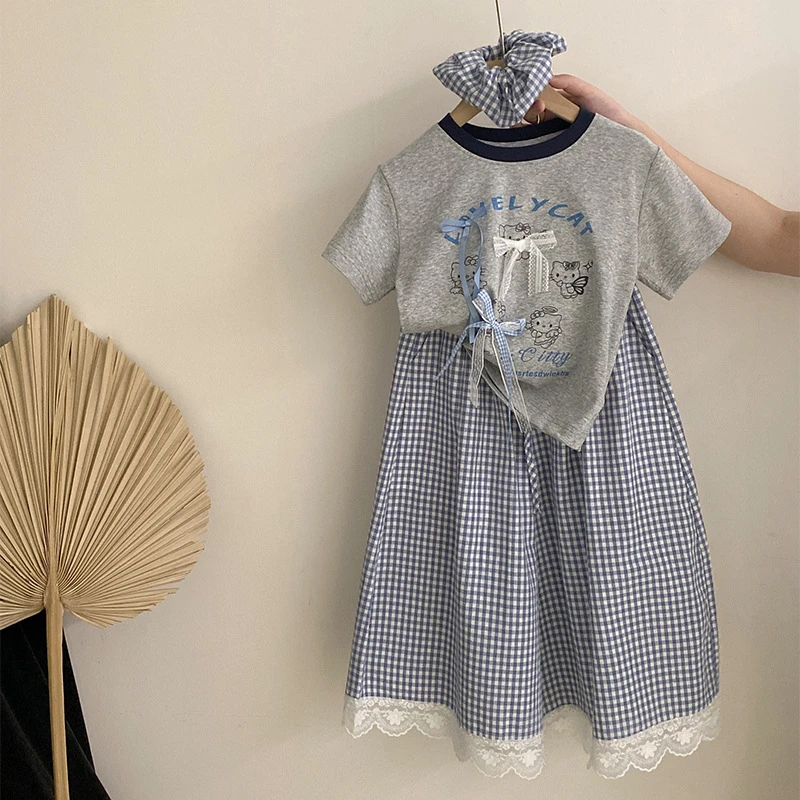 2【安安家】女童夏季新款T恤卡通休闲百搭印花上衣格子裤Z-SA001