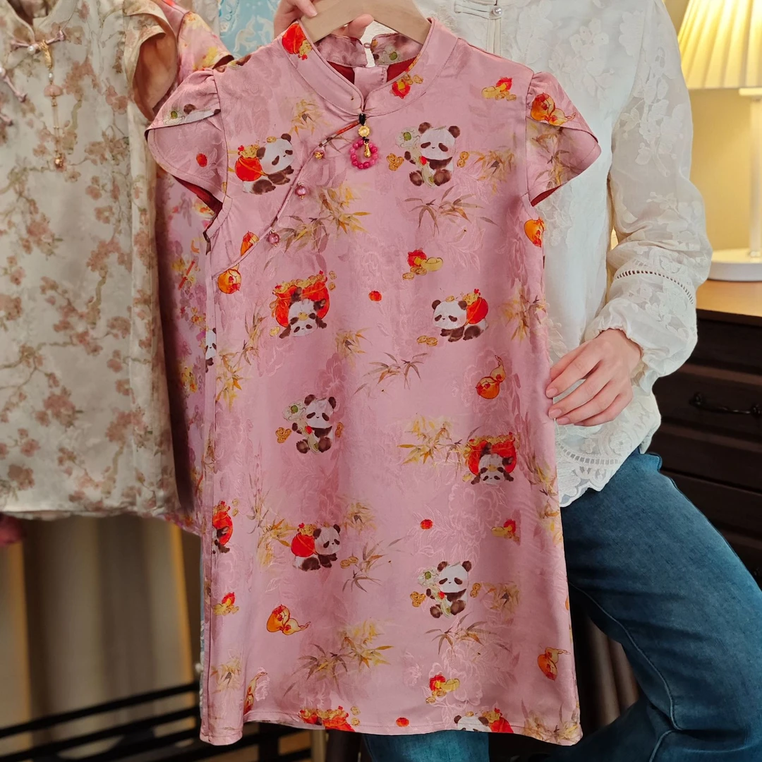 【现货】 女童26姆米木薯丝旗袍裙女宝木薯丝香云纱过膝旗袍裙