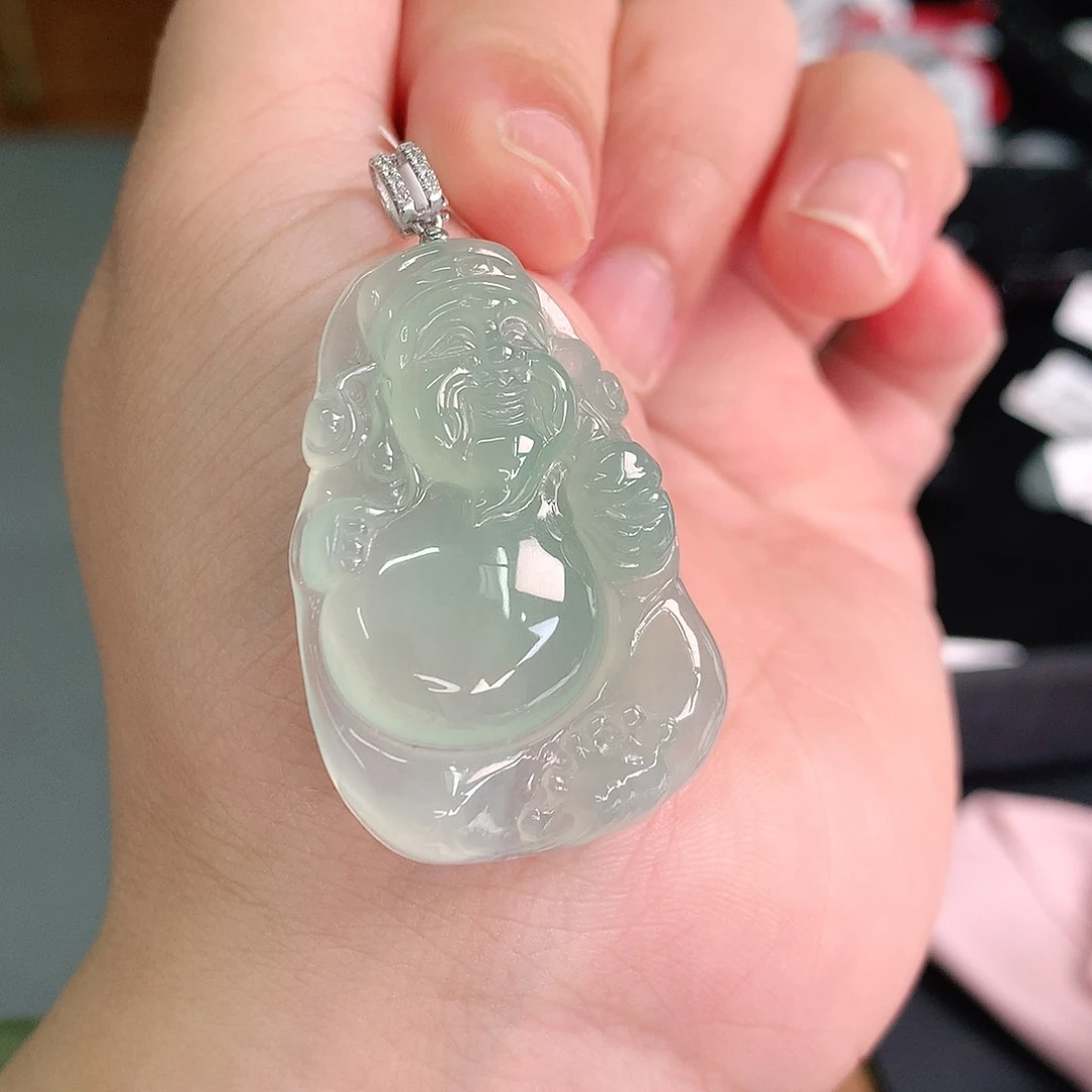 翡翠18K金镶嵌颈饰高冰晴财神爷38-26-6如