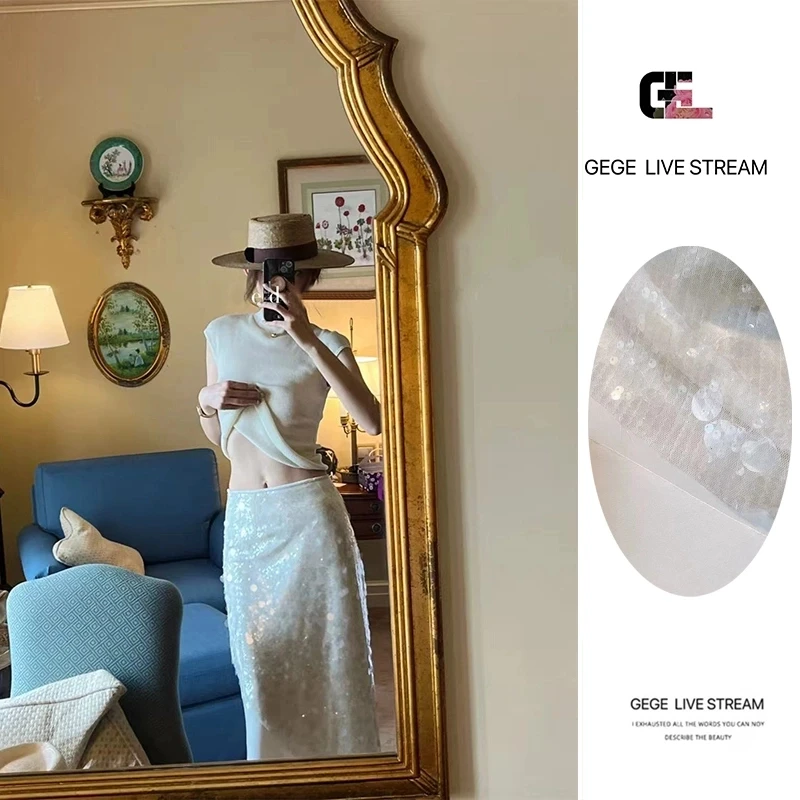 【拾.星光】高定 夏季新款温柔风亮片拼接设计感不对称开叉半身裙