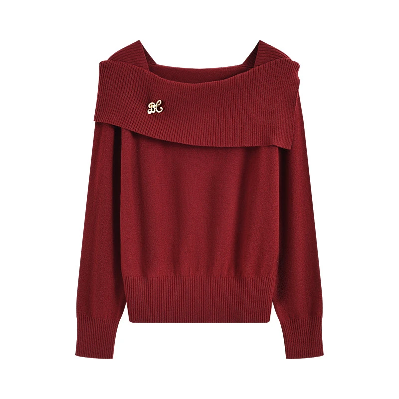 高级感一字领长袖红色针织衫女轻熟风气质时尚羊毛衣1460