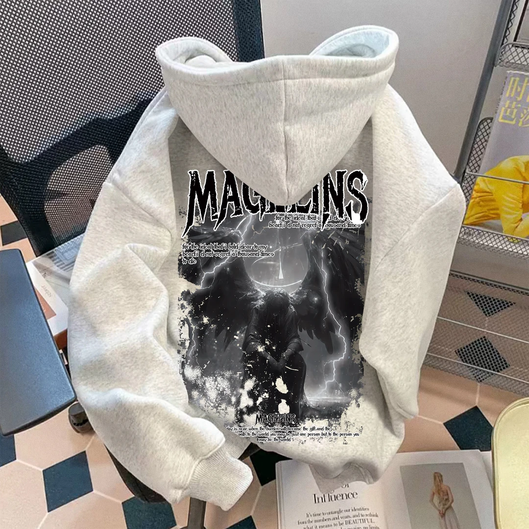 美式复古哥特高街哥特天使印花连帽卫衣国潮秋冬