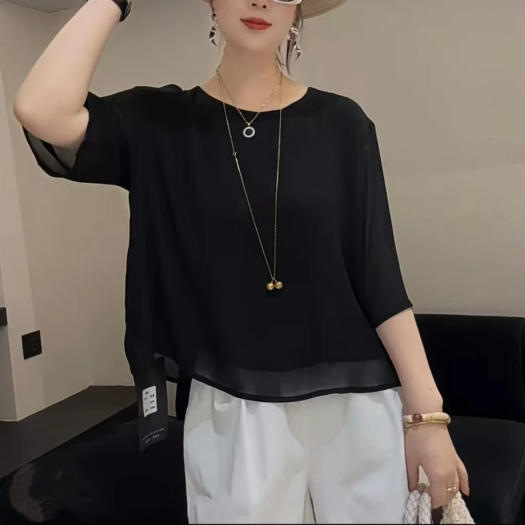 夏季爆款圆领洋气时尚百搭珍珠纱短袖