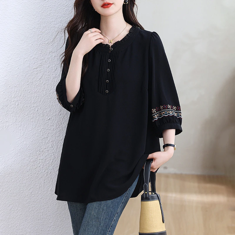 宽松显瘦中长款雪纺衬衫大码女装别致加大遮肚子复古刺绣妈妈上衣