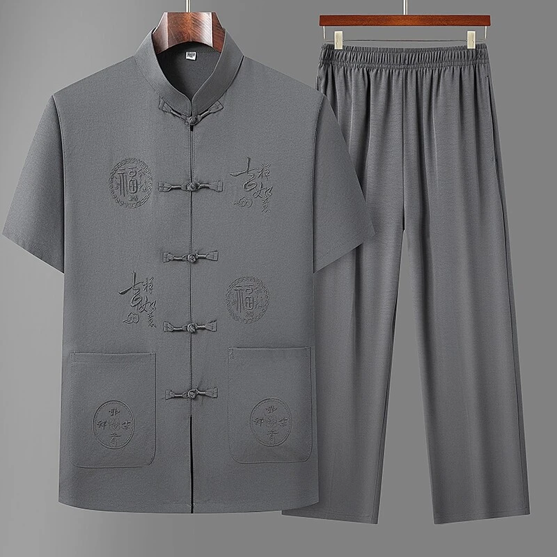 中老年夏季短袖高档衬衫宽松衬衣夏装中年男装爸爸盘扣老年人唐装