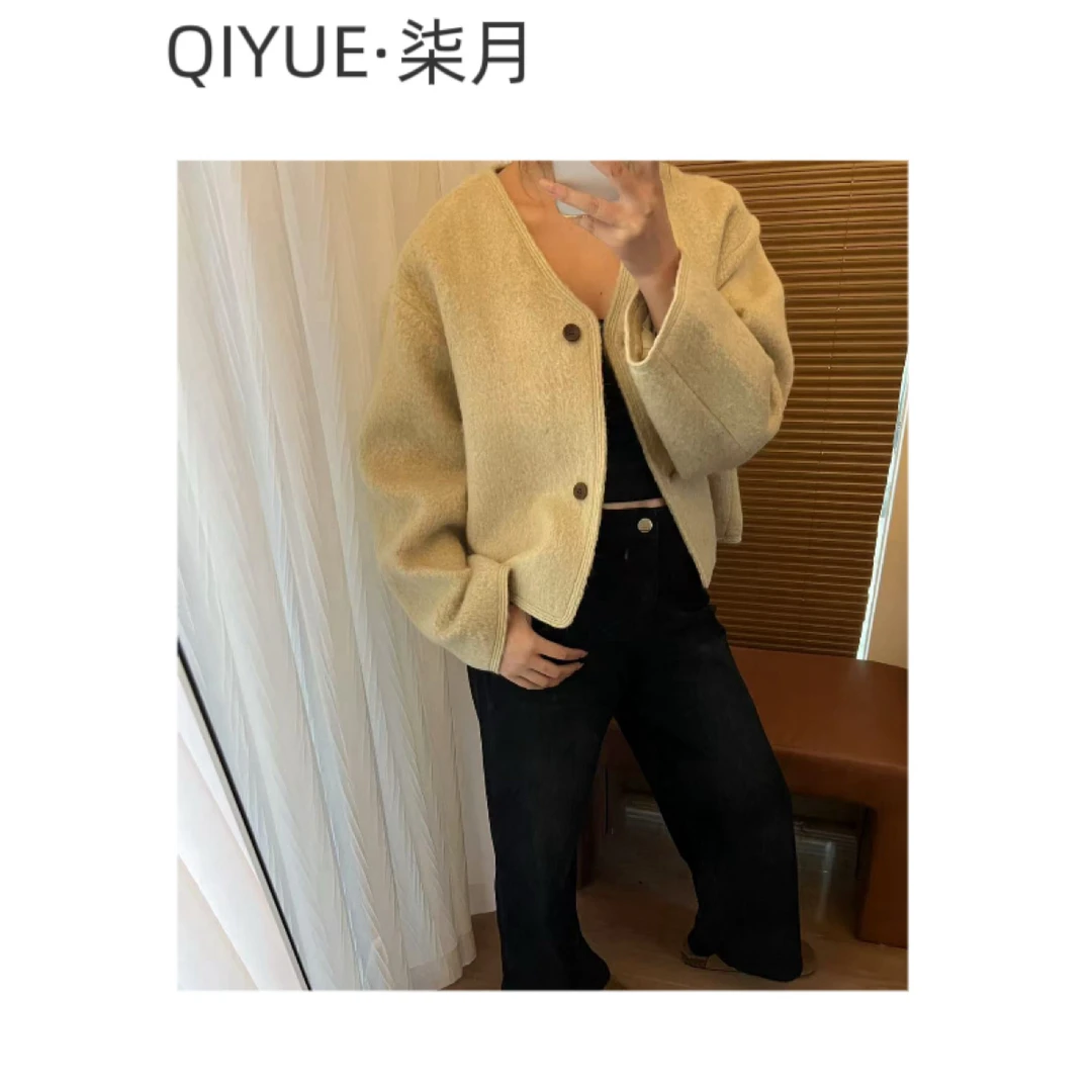 QIYUE·柒月圆领小香风短款毛呢大衣韩版高端气质宽松外套