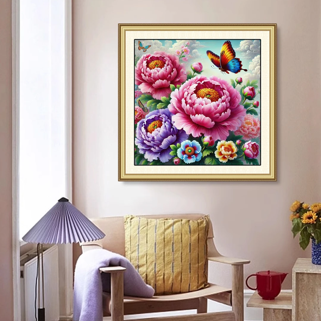 【新疆长绒棉双纱棉礼盒版】7131品冠群芳牡丹-紫粉色十字绣大格