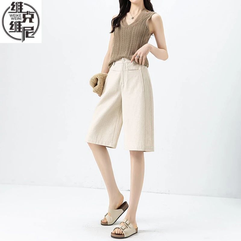 高端品牌六分裤女夏薄款2025新款过膝高端女麻短裤宽松中裤小个子