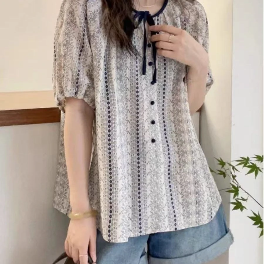 2025新款韩版夏季高级感轻奢碎花短袖衬衫女大码胖遮肉显瘦上衣