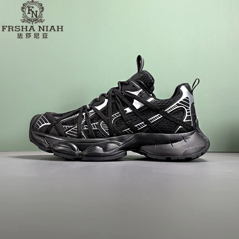 法莎尼亚新款厚底增高老爹鞋时尚网面透气运黑色厚底增高8cm老爹