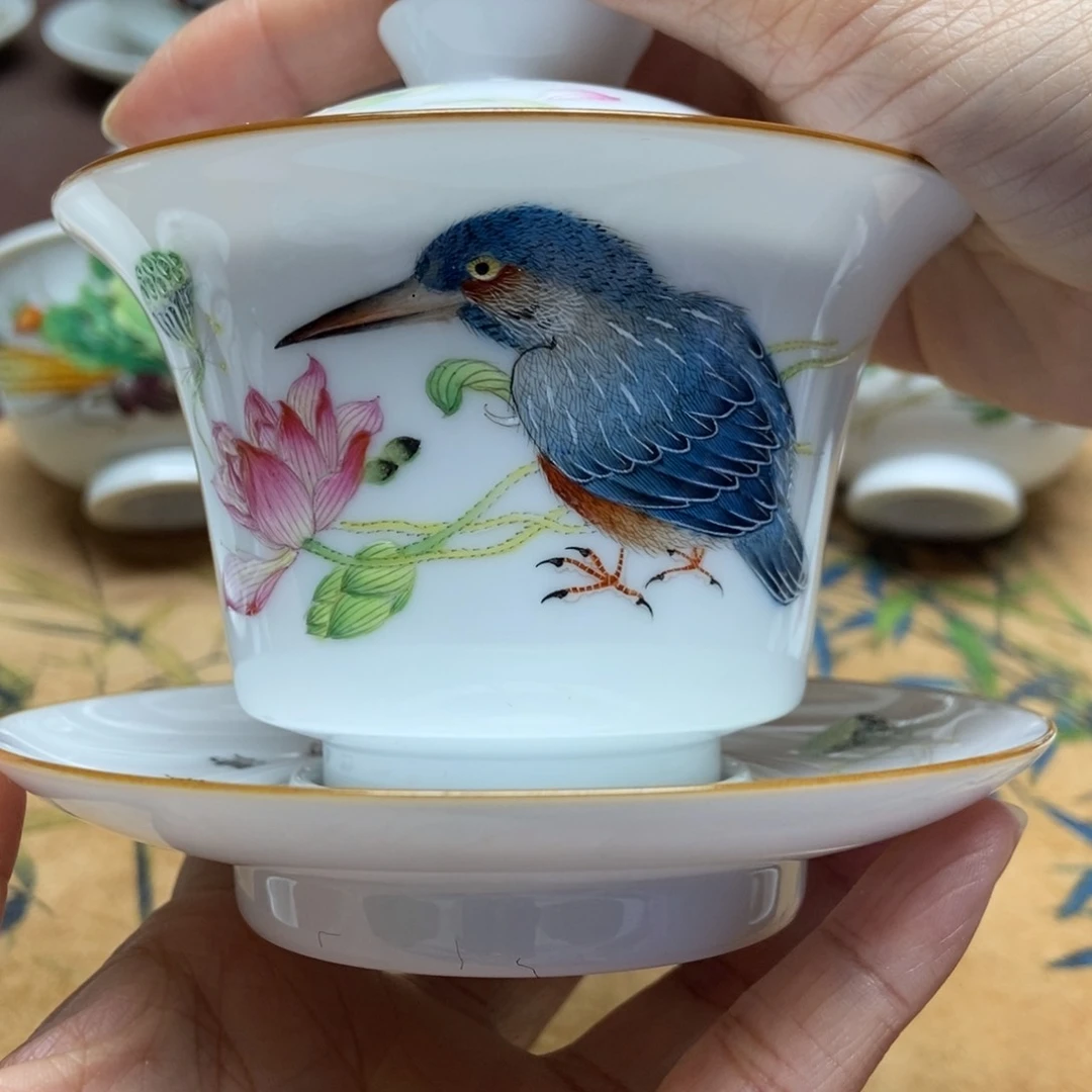 用****6翠鸟三才盖碗珐琅彩