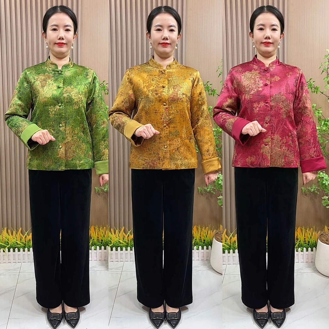 妈妈秋冬国风小棉袄外套2025新款中老年女装冬装中国风缎面棉服