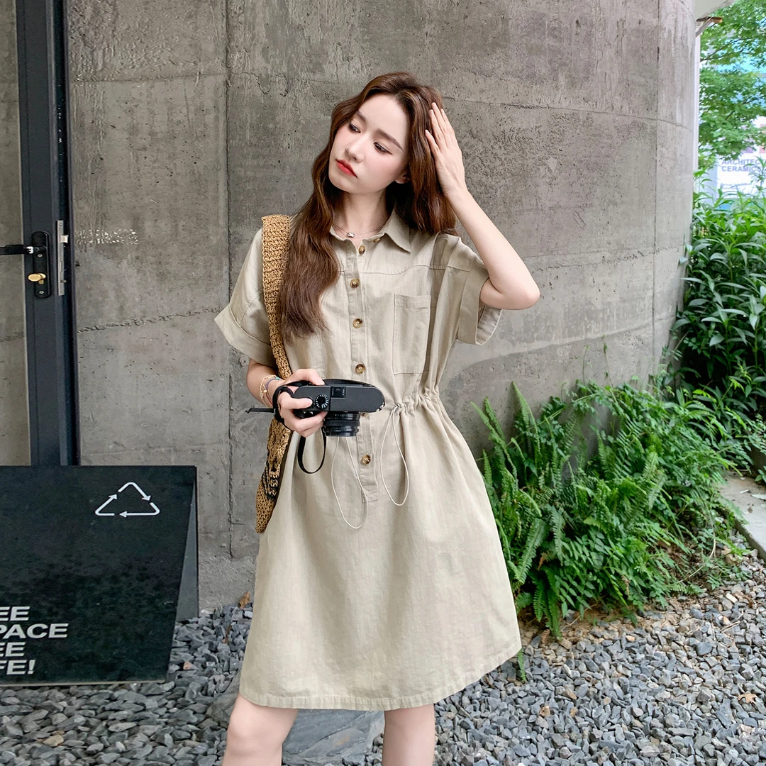 韩系休闲简约收腰连衣裙女夏季2025新款流行小个子工装风衬衫裙子
