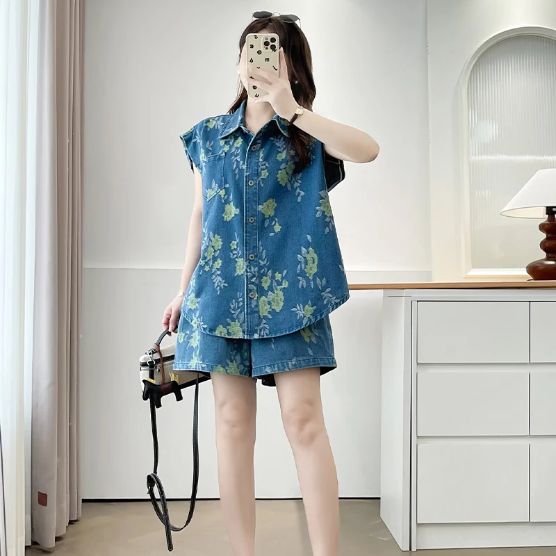 大码女装薄款时尚牛仔套装宽松百搭日韩胖mm少女风休闲短裤两件套