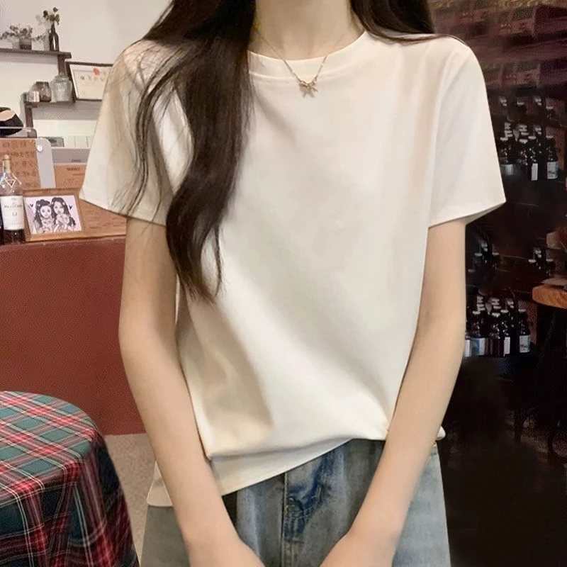 纯棉短袖T恤女宽松百搭白色夏季2025新款韩版纯色小众圆领上衣ins