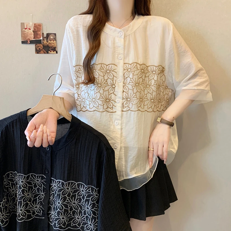 大码新中式国风重工刺绣雪纺衬衣女夏季宽松显瘦遮肚子减龄小衫