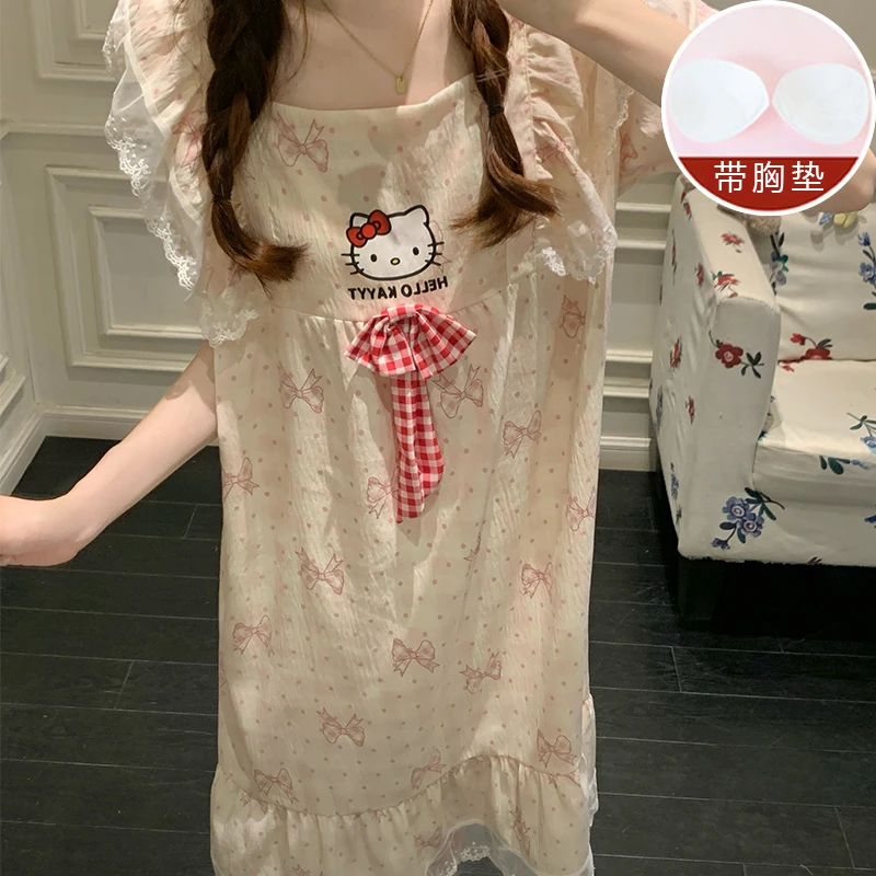 夏季自带胸垫睡裙中长款薄款夏天甜美女士连衣裙卡通猫咪花边睡衣