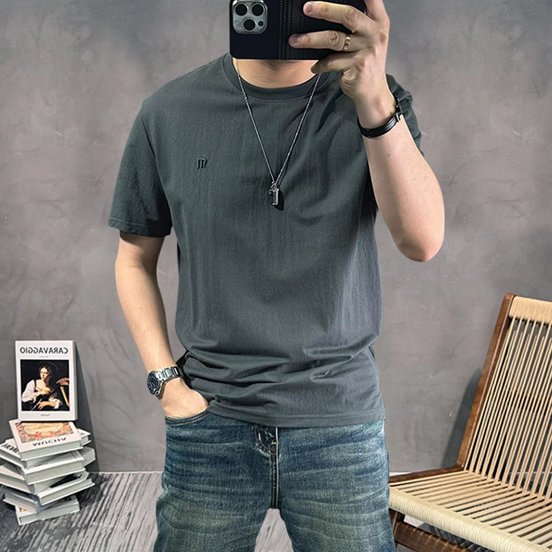 短袖t恤男夏季新款纹理感面料薄款圆领半袖简约刺绣凉感透气体恤
