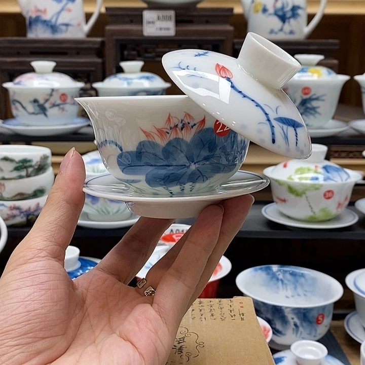 手绘荷花悬停盖碗150cc釉下彩微瑕福利款