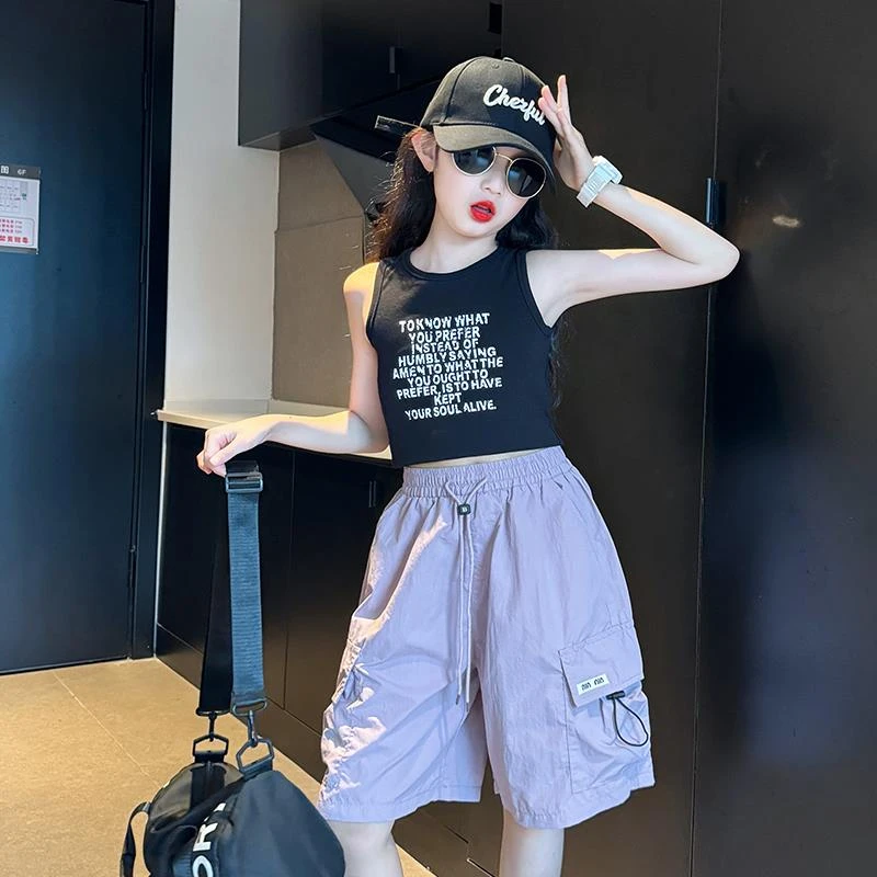 女童运动短裤外穿夏薄款2025新款儿童工装五分裤女孩大童洋气套装