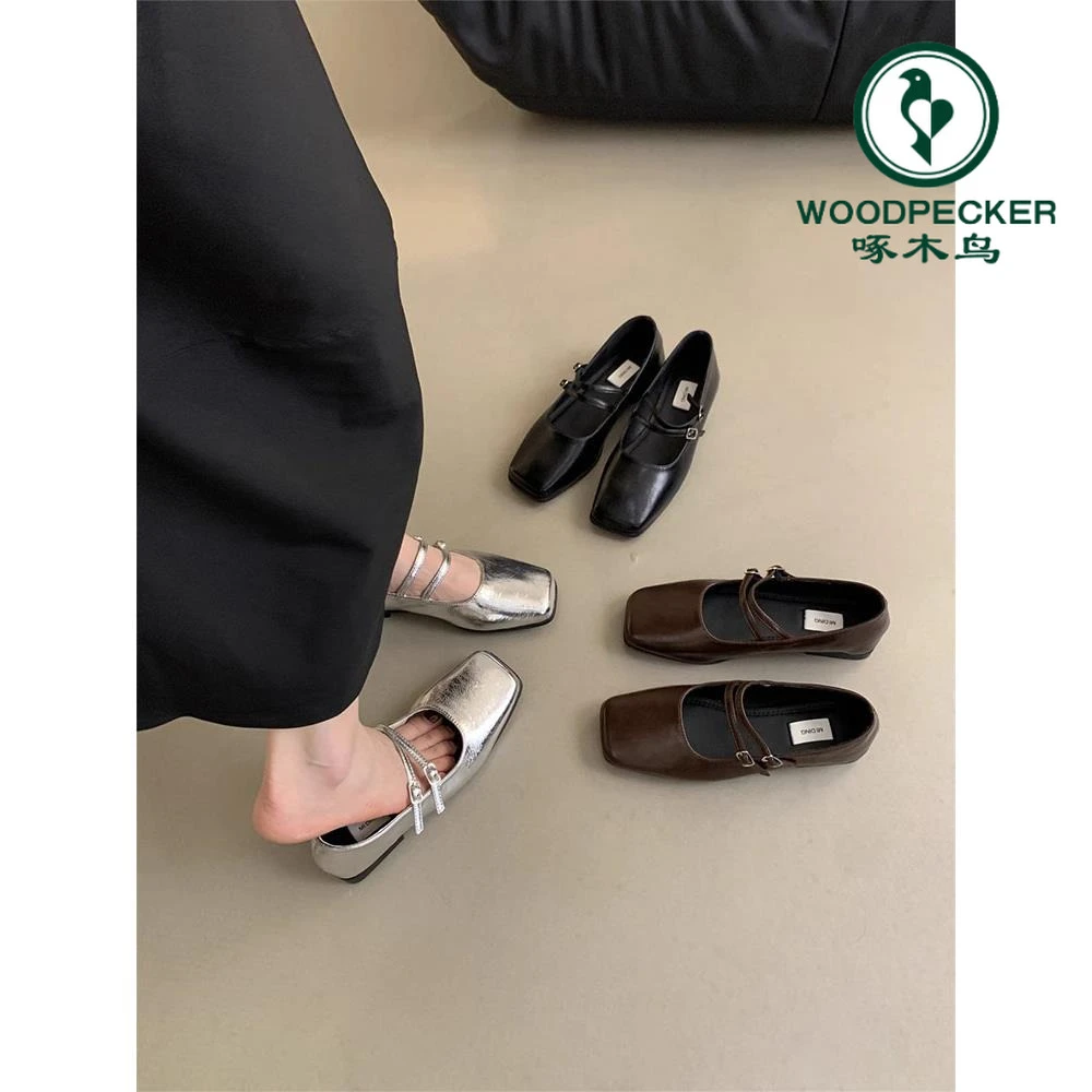 啄木鸟平底鞋女2025新款春季银色单鞋法式玛丽珍温柔晚晚风小皮鞋
