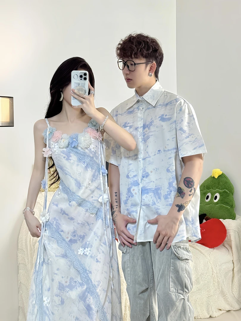 情侣装一衣一裙2025夏季新款纯欲风小众吊带长裙连衣裙女男衬衫