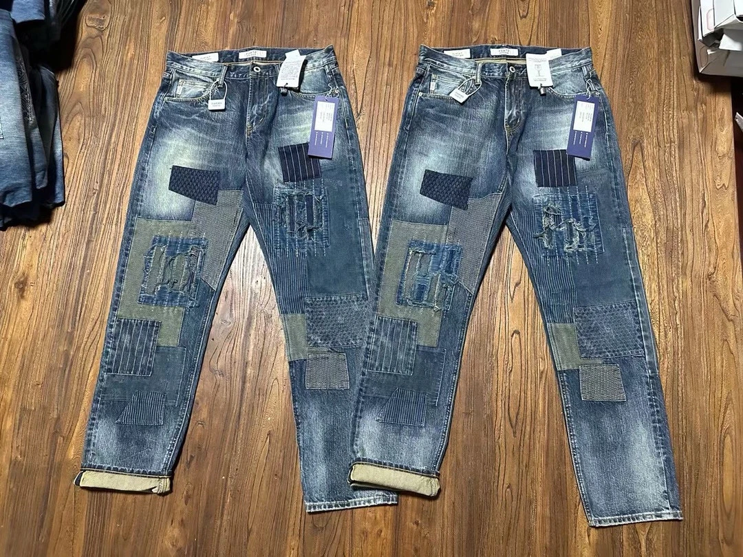 牛王再现FDMTD补丁做旧剌子BORO糜烂破坏丹宁赤耳水洗牛仔裤fdmtl
