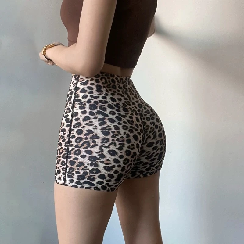 豹纹短裤高腰健身提臀运动裸感三分裤性感辣妹速干瑜伽裤跑步夏季