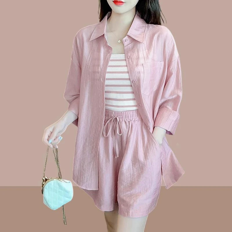 休闲防晒衬衫吊带短裤三件套女夏装2025年新款小个子显高时尚套装