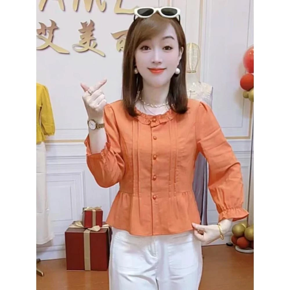 时尚长袖衬衫女2025秋季新款洋气收腰显瘦拼接木耳边短款上衣小衫