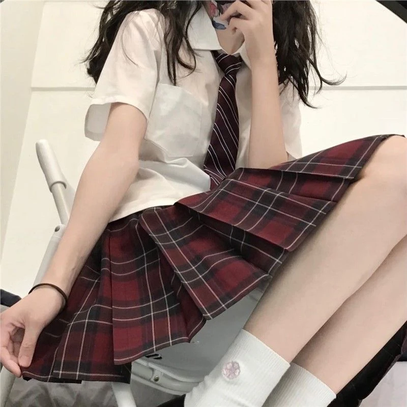jk原创2025短袖学院风制服日系校服薄款红色白衬衫夏季格裙套装