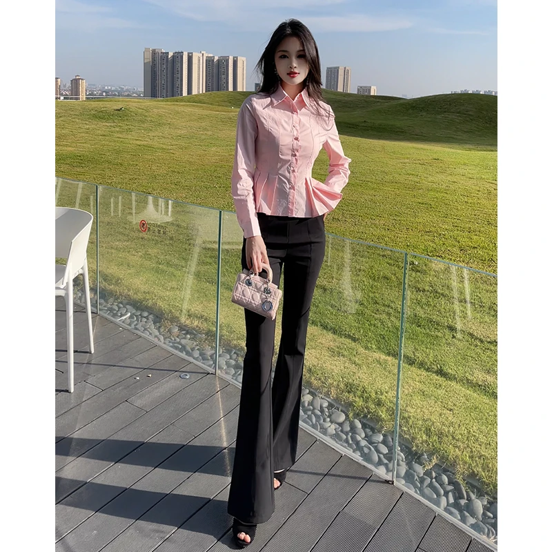 格润雅韩系穿搭套装裤2025新款减龄百褶修身衬衫上衣高腰喇叭裤