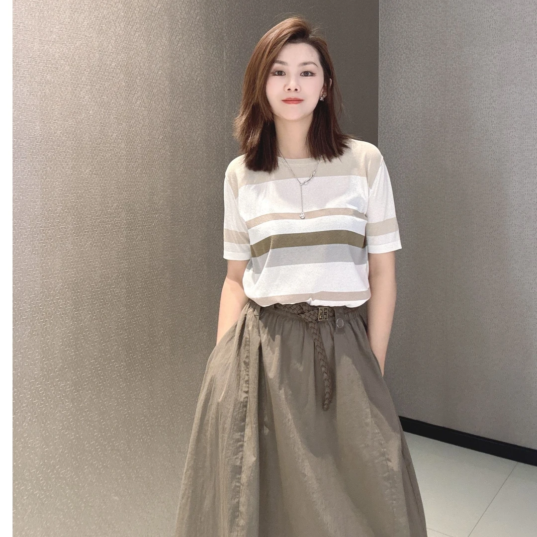 GIRDEAR/哥弟新款简约时尚针织上衣撞色条纹百搭透气T恤138011