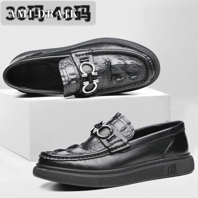 AMI DRAJK加大码头层牛皮豆豆男鞋透气乐福套脚小码鳄鱼纹商务休