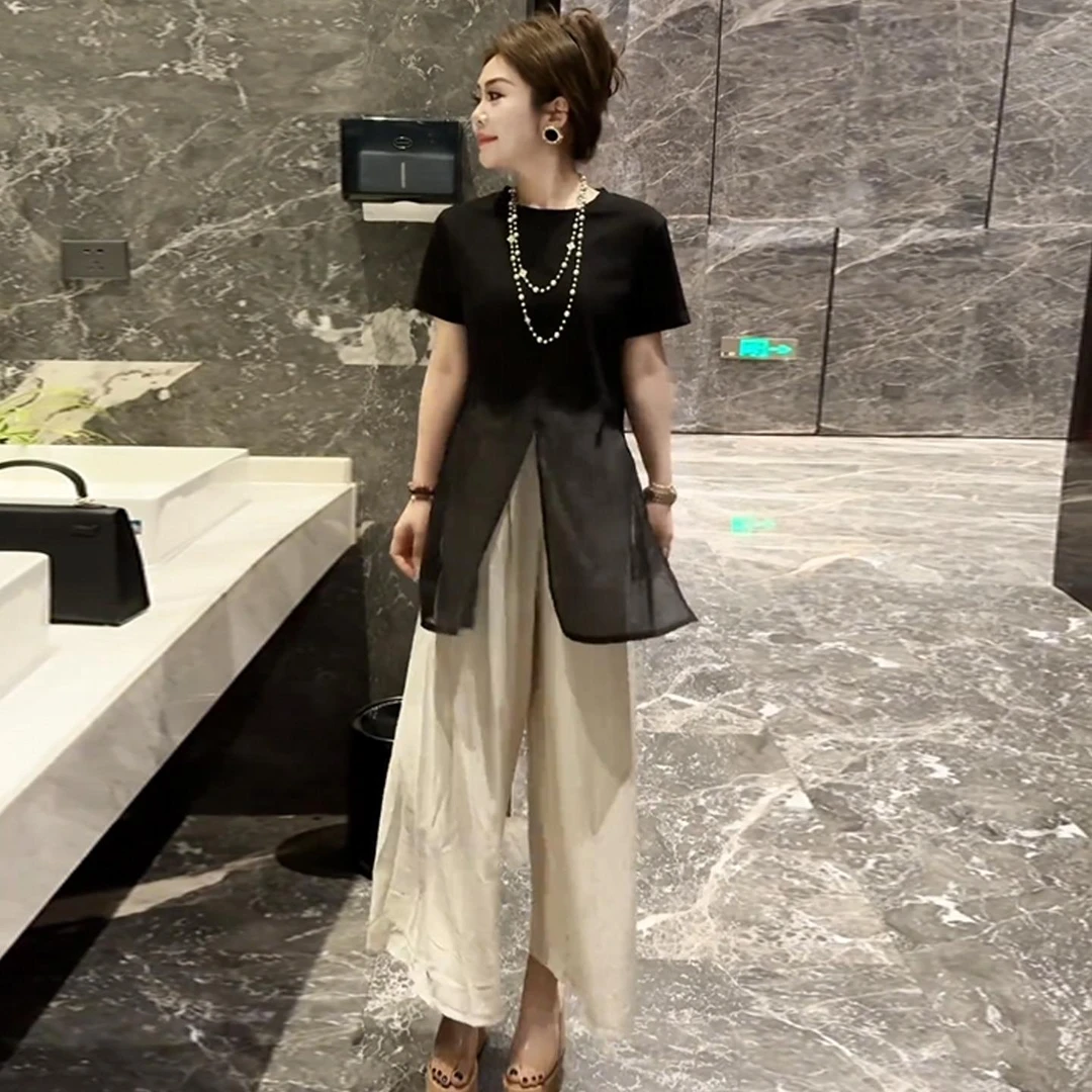 时尚洋气质套装女2025夏季新款网纱拼接短袖t恤显瘦阔腿裤两件套