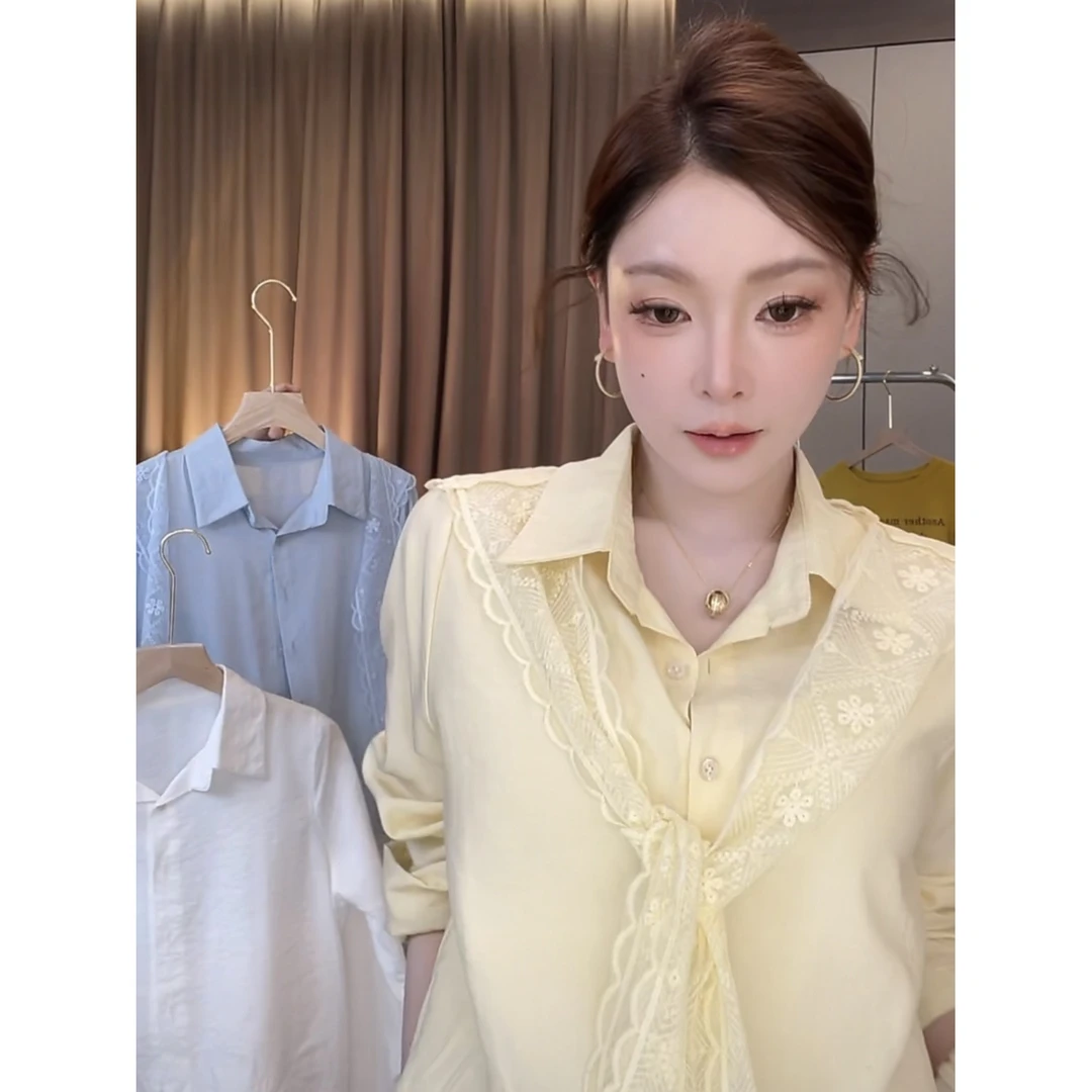 【闲散月光】文文私服夏季时尚小众气质显瘦法式衬衫女+蕾丝披肩