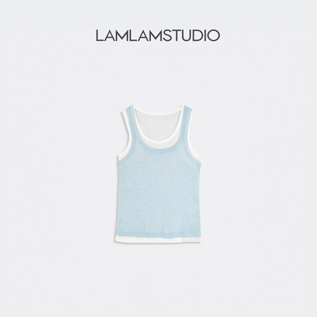 LAMLAM 张一琳“浅霜海沫”真两件兰精天丝背心羊毛背心春夏季G019T
